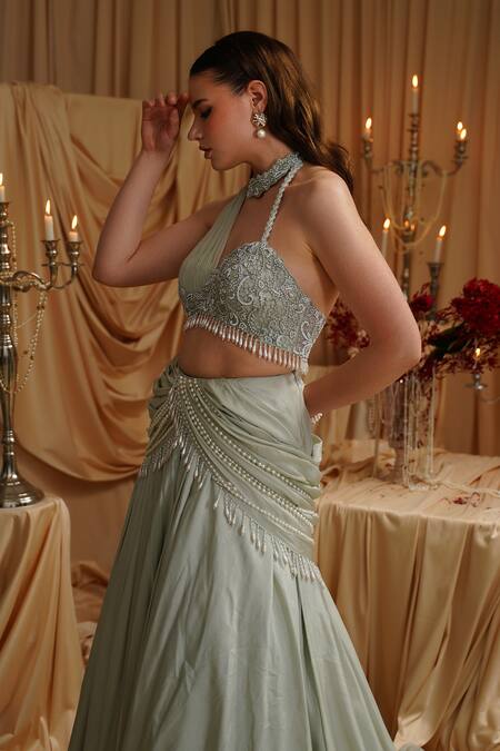 Shop_Jade By Ashima_Green Organza, Net Pearls, Crystals, Embroidery Halter Neck Fusion Lehenga Set _Online_at_Aza_Fashions