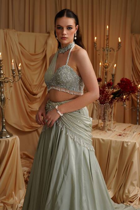 Jade By Ashima_Green Organza, Net Pearls, Crystals, Embroidery Halter Neck Fusion Lehenga Set _at_Aza_Fashions