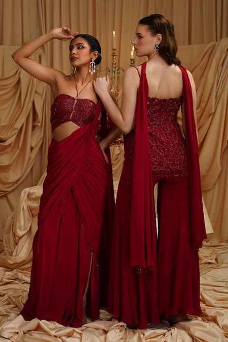 Jade By Ashima_Maroon Crepe, Organza Beads, Pearls Chloe Drape Saree With Embellished Blouse _Online_at_Aza_Fashions