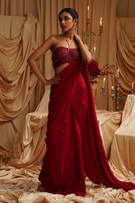 Jade By Ashima_Maroon Crepe, Organza Beads, Pearls Chloe Drape Saree With Embellished Blouse _at_Aza_Fashions