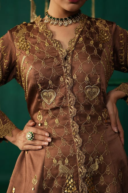 Leela By A_Brown Linen, Satin Embroidery Round Neck Mocha Anarkali Jacket Set _Online_at_Aza_Fashions