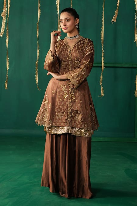 Buy_Leela By A_Brown Linen, Satin Embroidery Round Neck Mocha Anarkali Jacket Set _Online_at_Aza_Fashions