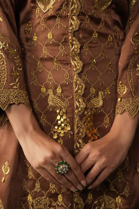 Shop_Leela By A_Brown Linen, Satin Embroidery Round Neck Mocha Anarkali Jacket Set _Online_at_Aza_Fashions