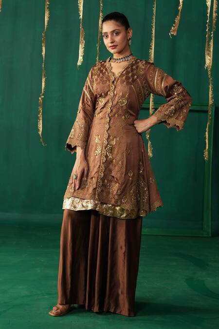 Leela By A_Brown Linen, Satin Embroidery Round Neck Mocha Anarkali Jacket Set _at_Aza_Fashions