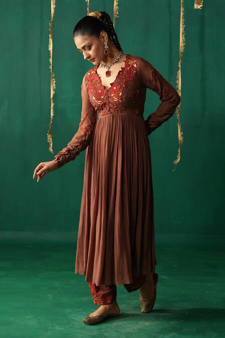 Leela By A_Brown Crepe, Organza Embroidery Round Neck Anarkali Set _Online_at_Aza_Fashions