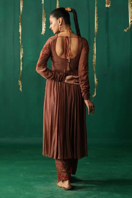 Shop_Leela By A_Brown Crepe, Organza Embroidery Round Neck Anarkali Set _at_Aza_Fashions