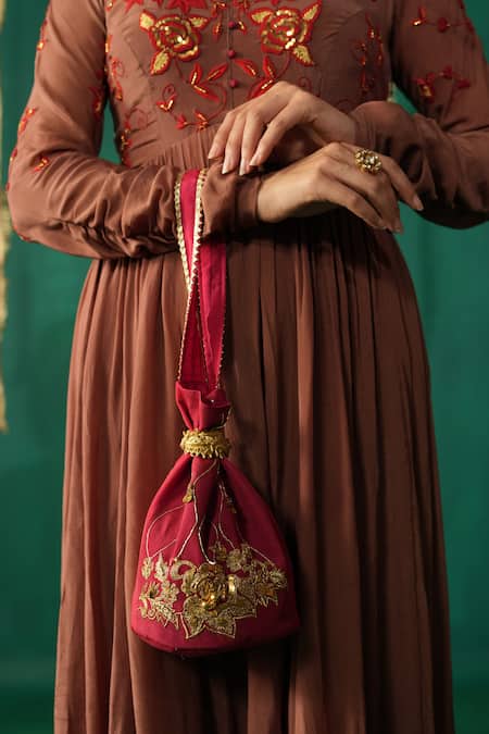 Buy_Leela By A_Brown Crepe, Organza Embroidery Round Neck Anarkali Set _Online_at_Aza_Fashions