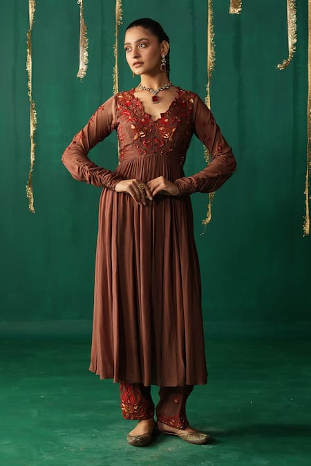 Shop_Leela By A_Brown Crepe, Organza Embroidery Round Neck Anarkali Set _Online_at_Aza_Fashions