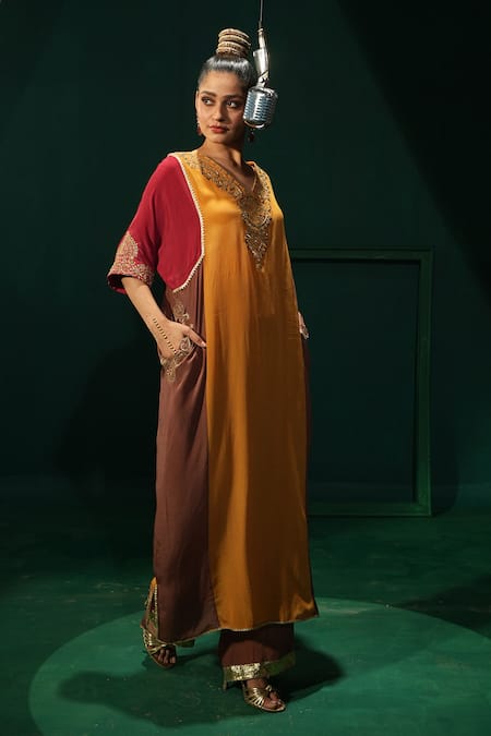 Leela By A_Multi Color Crepe Zari, Embroidery Color-blocked Phiran And Straight Pants Set _Online_at_Aza_Fashions