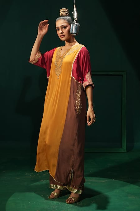 Buy_Leela By A_Multi Color Crepe Zari, Embroidery Color-blocked Phiran And Straight Pants Set _Online_at_Aza_Fashions