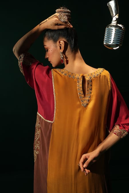 Shop_Leela By A_Multi Color Crepe Zari, Embroidery Color-blocked Phiran And Straight Pants Set _at_Aza_Fashions