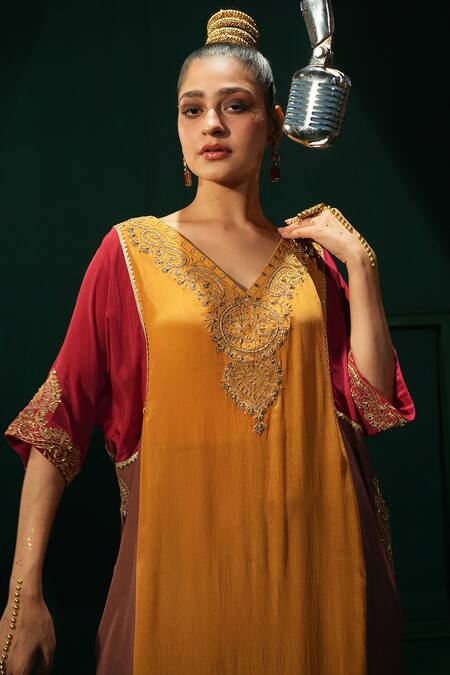 Shop_Leela By A_Multi Color Crepe Zari, Embroidery Color-blocked Phiran And Straight Pants Set _Online_at_Aza_Fashions