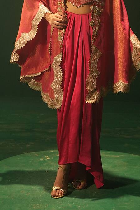 Leela By A_Fuchsia Crepe, Linen, Satin Embroidery, Sequins Round Neck Cape And Skirt Set _Online_at_Aza_Fashions