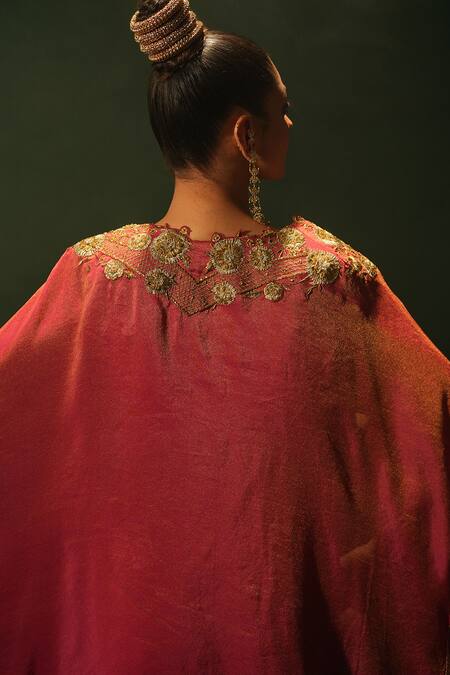 Buy_Leela By A_Fuchsia Crepe, Linen, Satin Embroidery, Sequins Round Neck Cape And Skirt Set _Online_at_Aza_Fashions