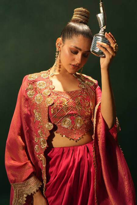 Shop_Leela By A_Fuchsia Crepe, Linen, Satin Embroidery, Sequins Round Neck Cape And Skirt Set _Online_at_Aza_Fashions