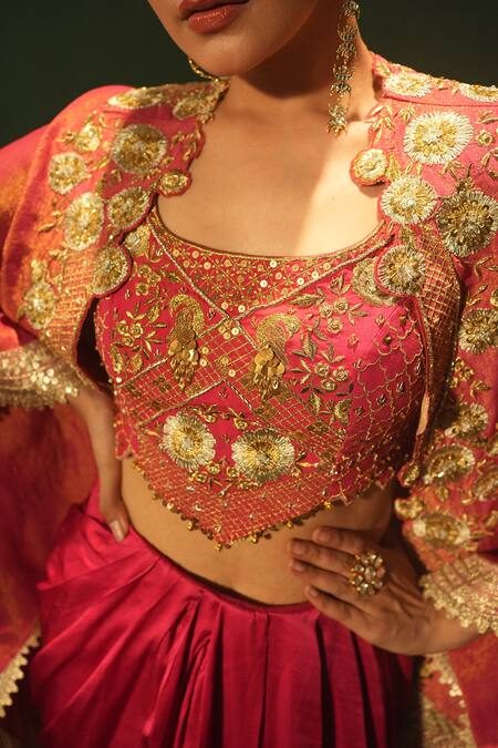 Leela By A_Fuchsia Crepe, Linen, Satin Embroidery, Sequins Round Neck Cape And Skirt Set _at_Aza_Fashions