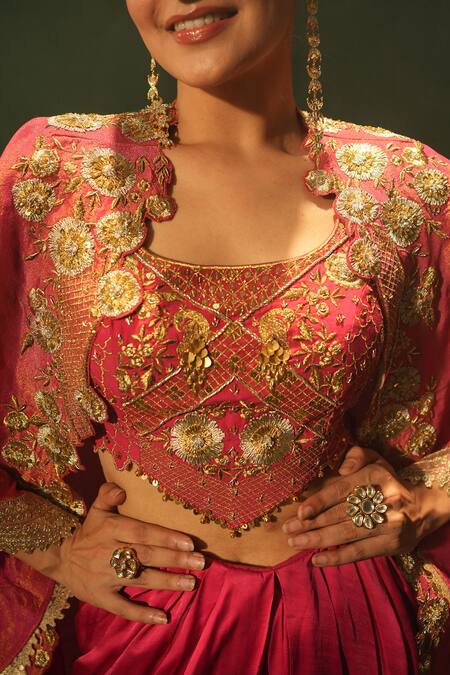 Buy_Leela By A_Fuchsia Crepe, Linen, Satin Embroidery, Sequins Round Neck Cape And Skirt Set 