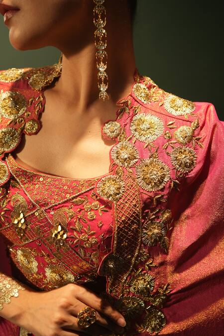 Shop_Leela By A_Fuchsia Crepe, Linen, Satin Embroidery, Sequins Round Neck Cape And Skirt Set 
