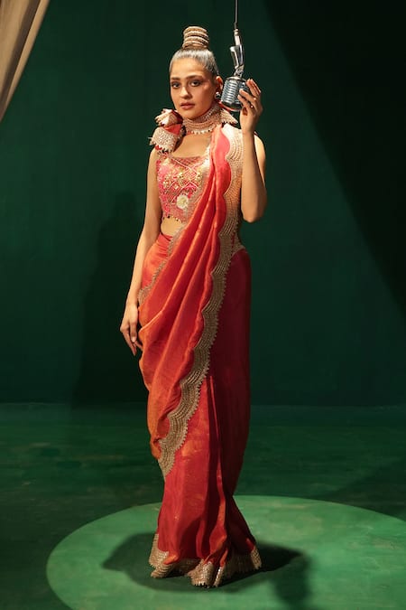Leela By A_Pink Tissue, Organza, Crepe Embroidery Round Neck Hot Pre-draped Saree Set _Online_at_Aza_Fashions