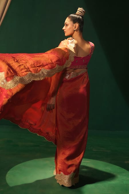 Shop_Leela By A_Pink Tissue, Organza, Crepe Embroidery Round Neck Hot Pre-draped Saree Set _at_Aza_Fashions