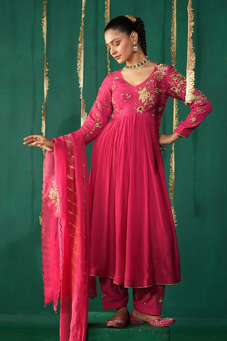 Leela By A_Pink Crepe, Organza Embroidery Round Neck Hot Anarkali Set _Online_at_Aza_Fashions
