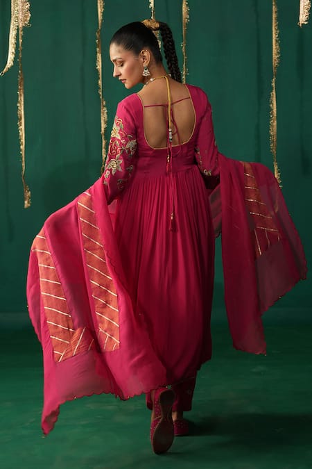 Shop_Leela By A_Pink Crepe, Organza Embroidery Round Neck Hot Anarkali Set _at_Aza_Fashions