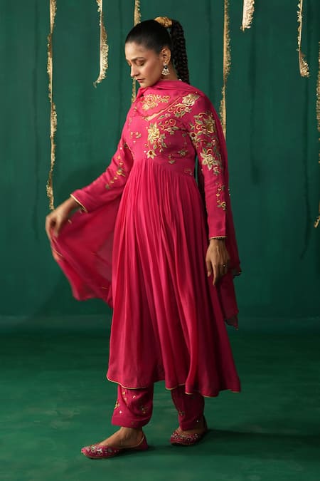 Leela By A_Pink Crepe, Organza Embroidery Round Neck Hot Anarkali Set _at_Aza_Fashions