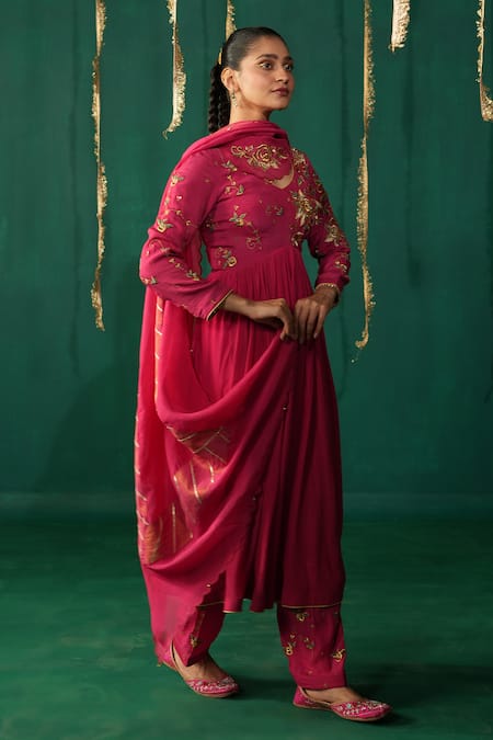Buy_Leela By A_Pink Crepe, Organza Embroidery Round Neck Hot Anarkali Set 
