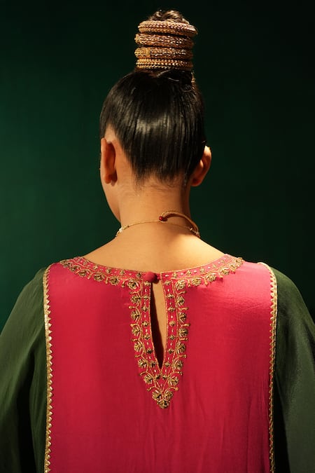 Shop_Leela By A_Multi Color Crepe Embroidery Keyhole Neck Color-blocked Phiran Set _at_Aza_Fashions