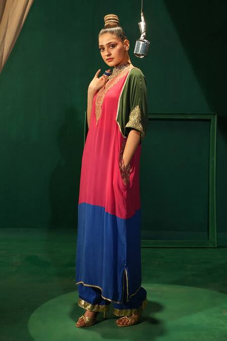 Buy_Leela By A_Multi Color Crepe Embroidery Keyhole Neck Color-blocked Phiran Set _Online_at_Aza_Fashions