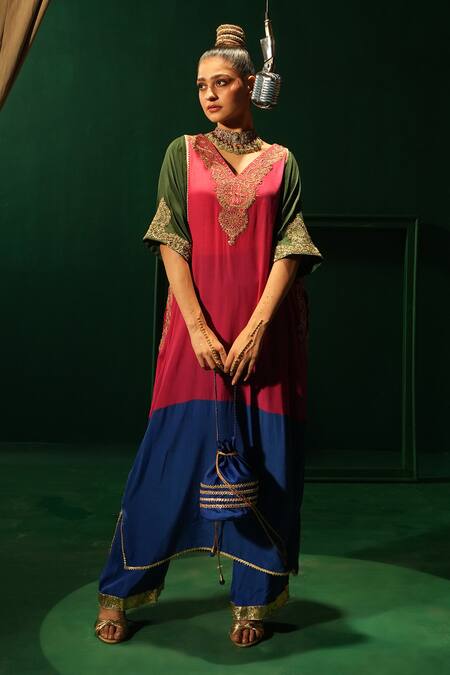 Shop_Leela By A_Multi Color Crepe Embroidery Keyhole Neck Color-blocked Phiran Set _Online_at_Aza_Fashions