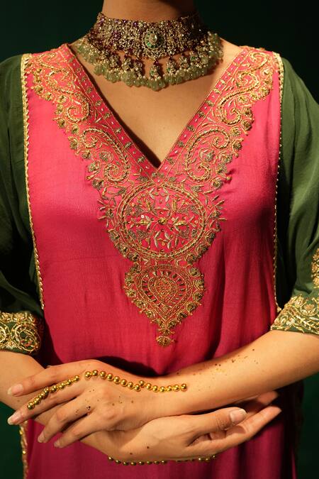 Leela By A_Multi Color Crepe Embroidery Keyhole Neck Color-blocked Phiran Set _at_Aza_Fashions