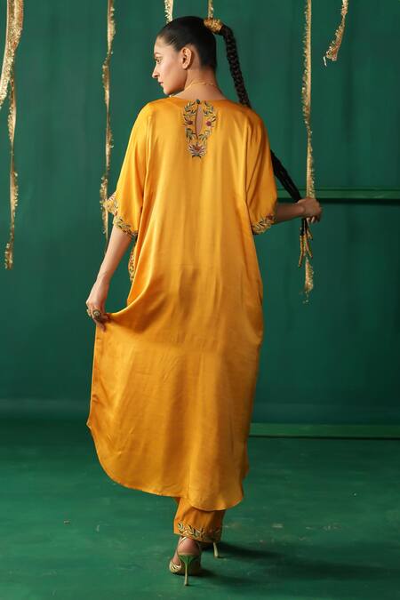 Shop_Leela By A_Yellow Linen, Satin Embroidery Open Neck Phiran Kurta Set With _at_Aza_Fashions