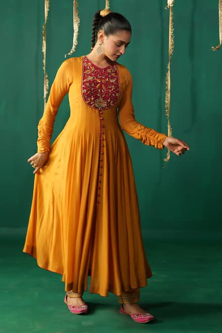 Leela By A_Yellow Crepe, Organza Embroidery, Zari Round Neck Kesar Anarkali Set _Online_at_Aza_Fashions