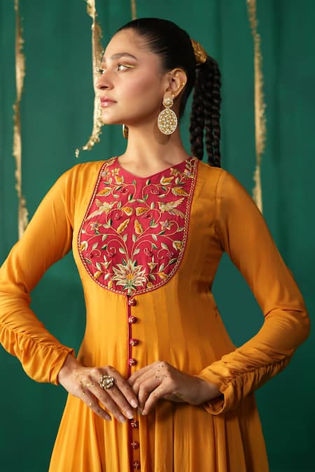 Buy_Leela By A_Yellow Crepe, Organza Embroidery, Zari Round Neck Kesar Anarkali Set _Online_at_Aza_Fashions