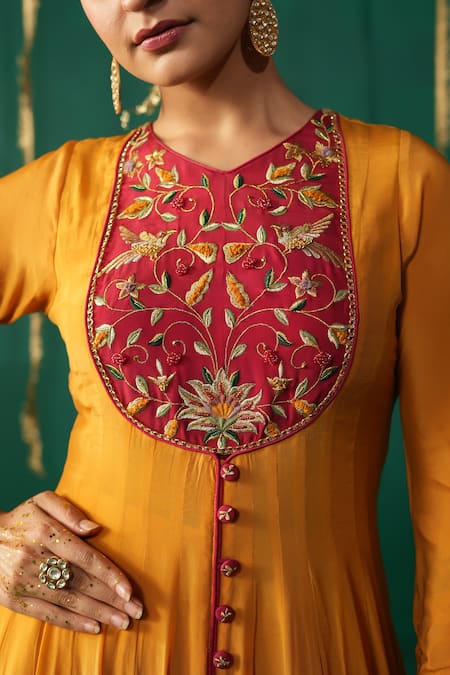 Shop_Leela By A_Yellow Crepe, Organza Embroidery, Zari Round Neck Kesar Anarkali Set _Online_at_Aza_Fashions