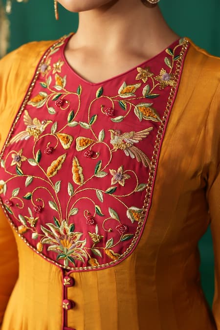 Leela By A_Yellow Crepe, Organza Embroidery, Zari Round Neck Kesar Anarkali Set _at_Aza_Fashions