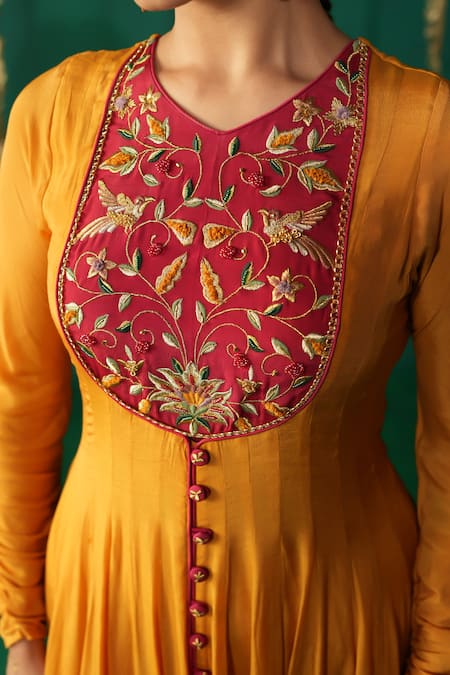Buy_Leela By A_Yellow Crepe, Organza Embroidery, Zari Round Neck Kesar Anarkali Set 