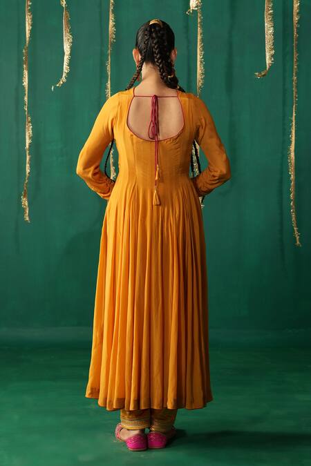Shop_Leela By A_Yellow Crepe, Organza Embroidery, Zari Round Neck Kesar Anarkali Set _at_Aza_Fashions