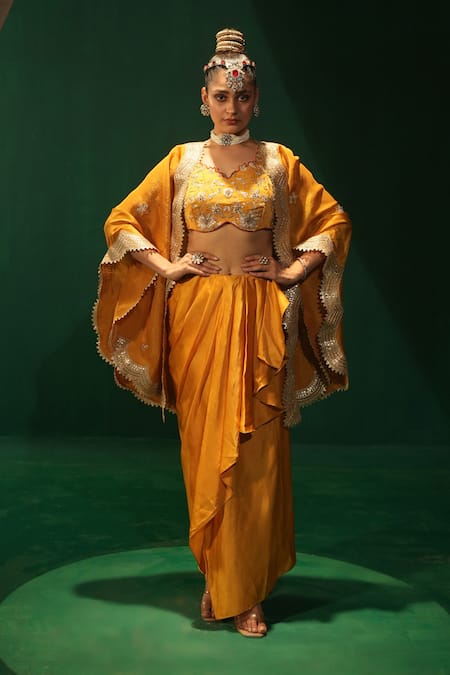 Leela By A_Yellow Linen, Satin Gota Patti, Embroidery Round Neck Kesar Kurta Set _Online_at_Aza_Fashions