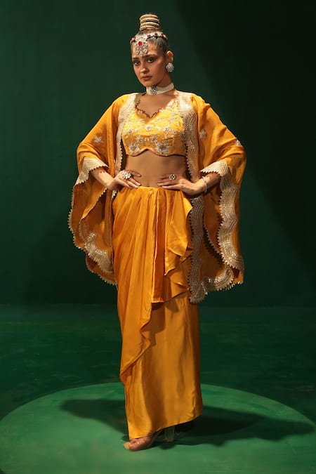 Shop_Leela By A_Yellow Linen, Satin Gota Patti, Embroidery Round Neck Kesar Kurta Set _Online_at_Aza_Fashions