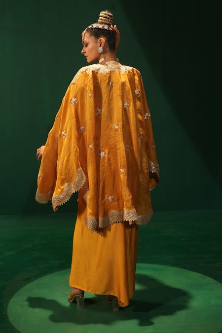Shop_Leela By A_Yellow Linen, Satin Gota Patti, Embroidery Round Neck Kesar Kurta Set _at_Aza_Fashions