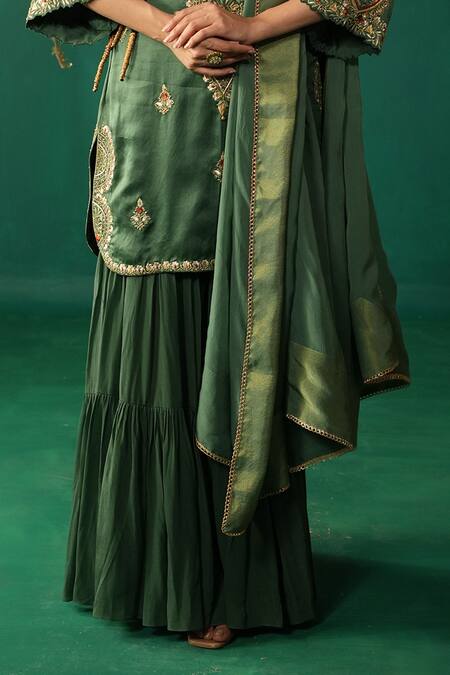 Leela By A_Green Linen, Satin, Crepe, Organza Embroidery, Zari Round Kurta Set With Gharara _Online_at_Aza_Fashions