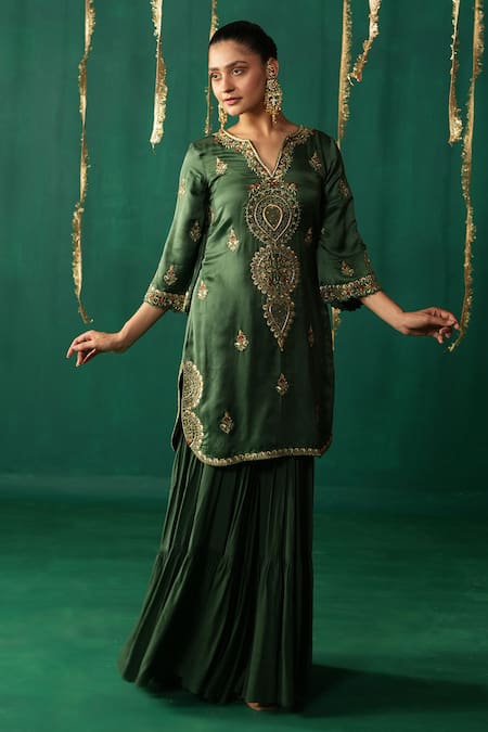 Buy_Leela By A_Green Linen, Satin, Crepe, Organza Embroidery, Zari Round Kurta Set With Gharara _Online_at_Aza_Fashions