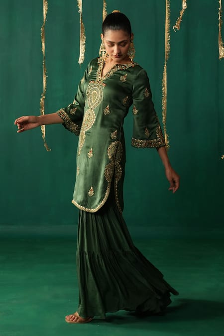 Shop_Leela By A_Green Linen, Satin, Crepe, Organza Embroidery, Zari Round Kurta Set With Gharara _Online_at_Aza_Fashions
