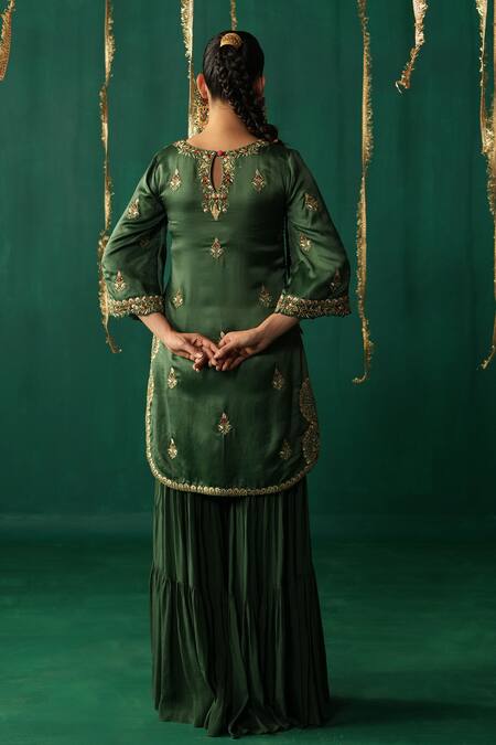 Shop_Leela By A_Green Linen, Satin, Crepe, Organza Embroidery, Zari Round Kurta Set With Gharara _at_Aza_Fashions