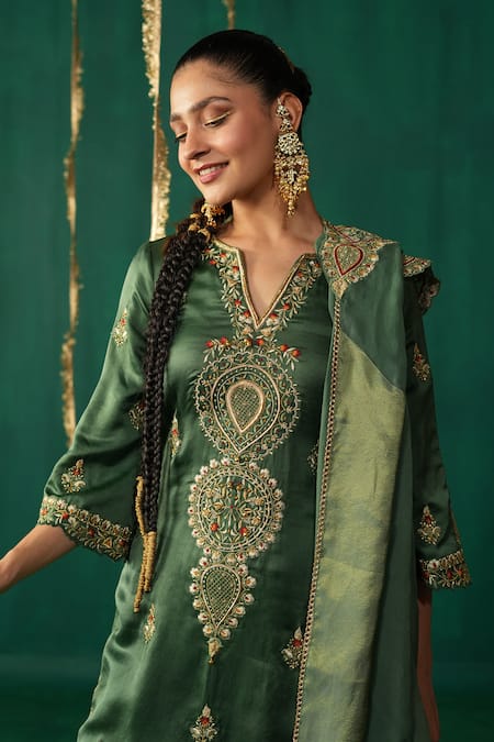 Leela By A_Green Linen, Satin, Crepe, Organza Embroidery, Zari Round Kurta Set With Gharara _at_Aza_Fashions