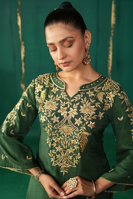 Shop_Leela By A_Green Crepe Zari, Sequins, Embroidery Round Neck Kurta Set _Online_at_Aza_Fashions