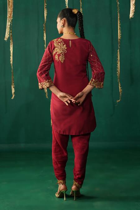 Shop_Leela By A_Red Crepe Embroidery, Sequins Keyhole Neck Sindoori Kurta Set _at_Aza_Fashions