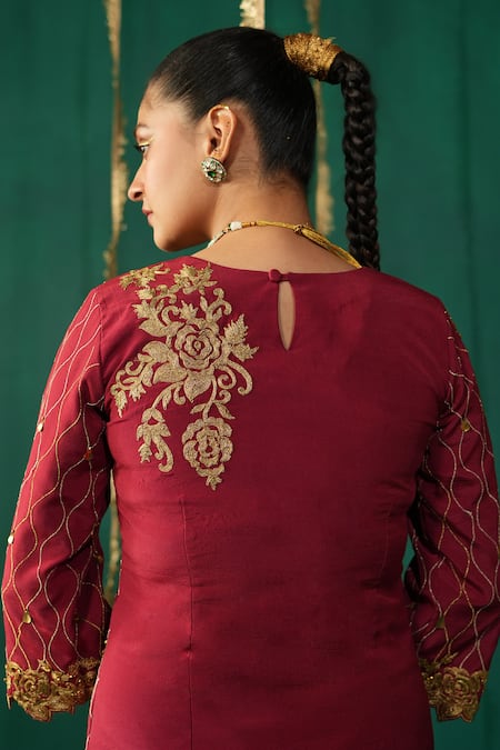 Shop_Leela By A_Red Crepe Embroidery, Sequins Keyhole Neck Sindoori Kurta Set _Online_at_Aza_Fashions